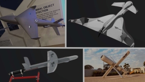 Image showing four Pakistani loitering munitions, including the KaGeM V3, MP-300, MP-152, and Xpear MX-150.