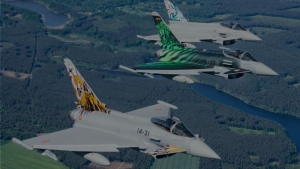 Photo of three Eurofighter Typhoon fighter aircraft. The photo was used as a hero image for an article on Turkey negotiating for 40 Eurofighter Typhoon fighters.