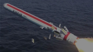 Photo of a Harbah anti-ship cruise missile being launched during a test firing run. The photo is being used as a hero image for an article on Pakistani munitions exports.