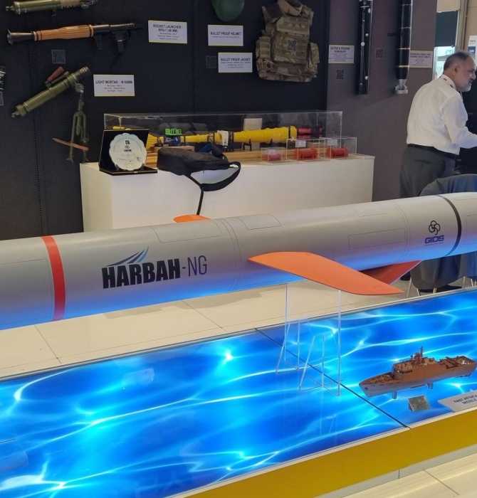 Photo of a scaled mock-up of the GIDS Harbah NG anti-ship missile.